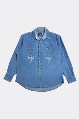 Wrangler Vintage 1990's Wrangler Chainstitched Faded Western Denim Shirt Top in Tinted Denim, Men's at Urban Outfitters