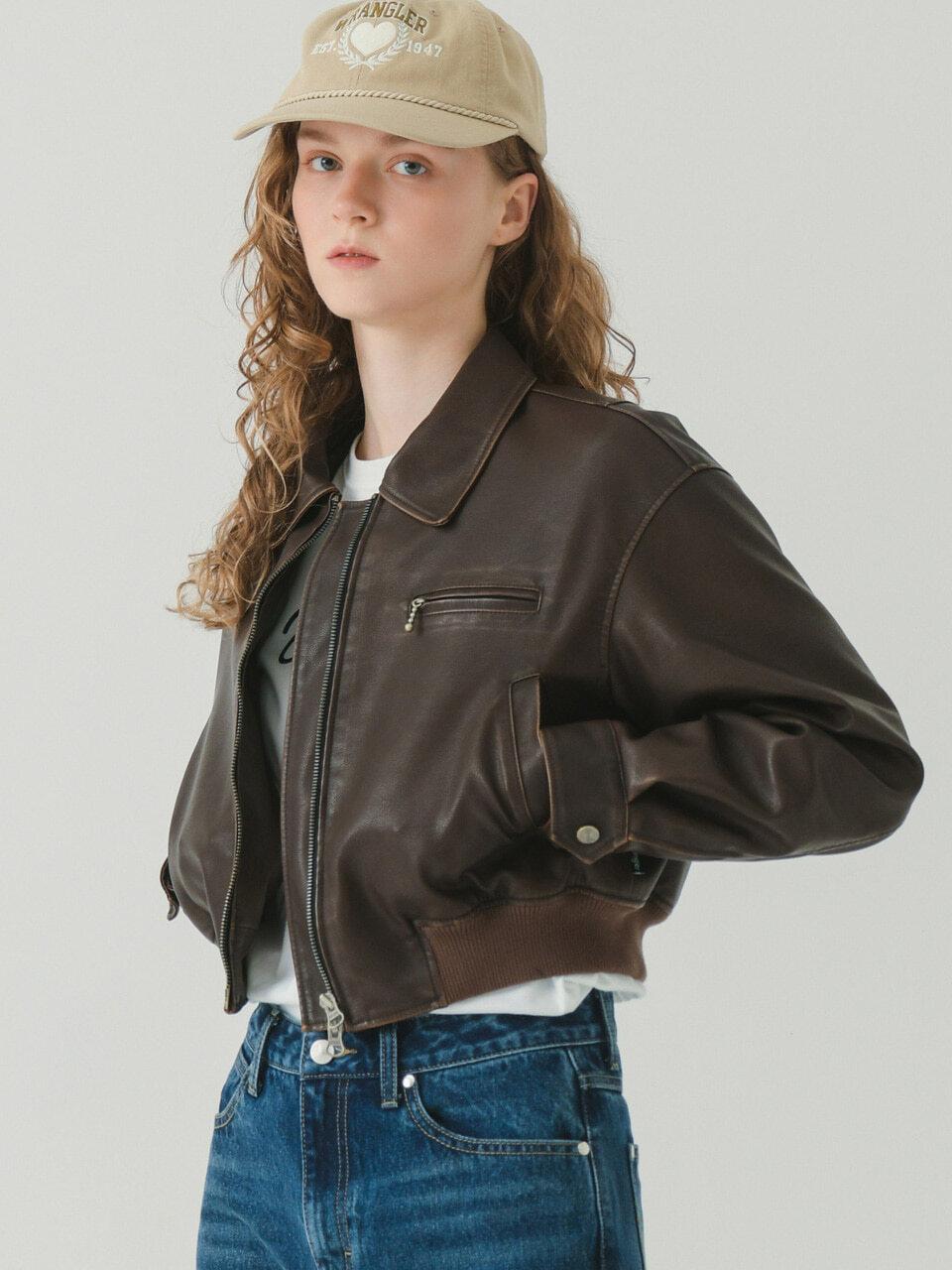 Wrangler (W) Eco - Leather Quilted Cropped Jacket Brown