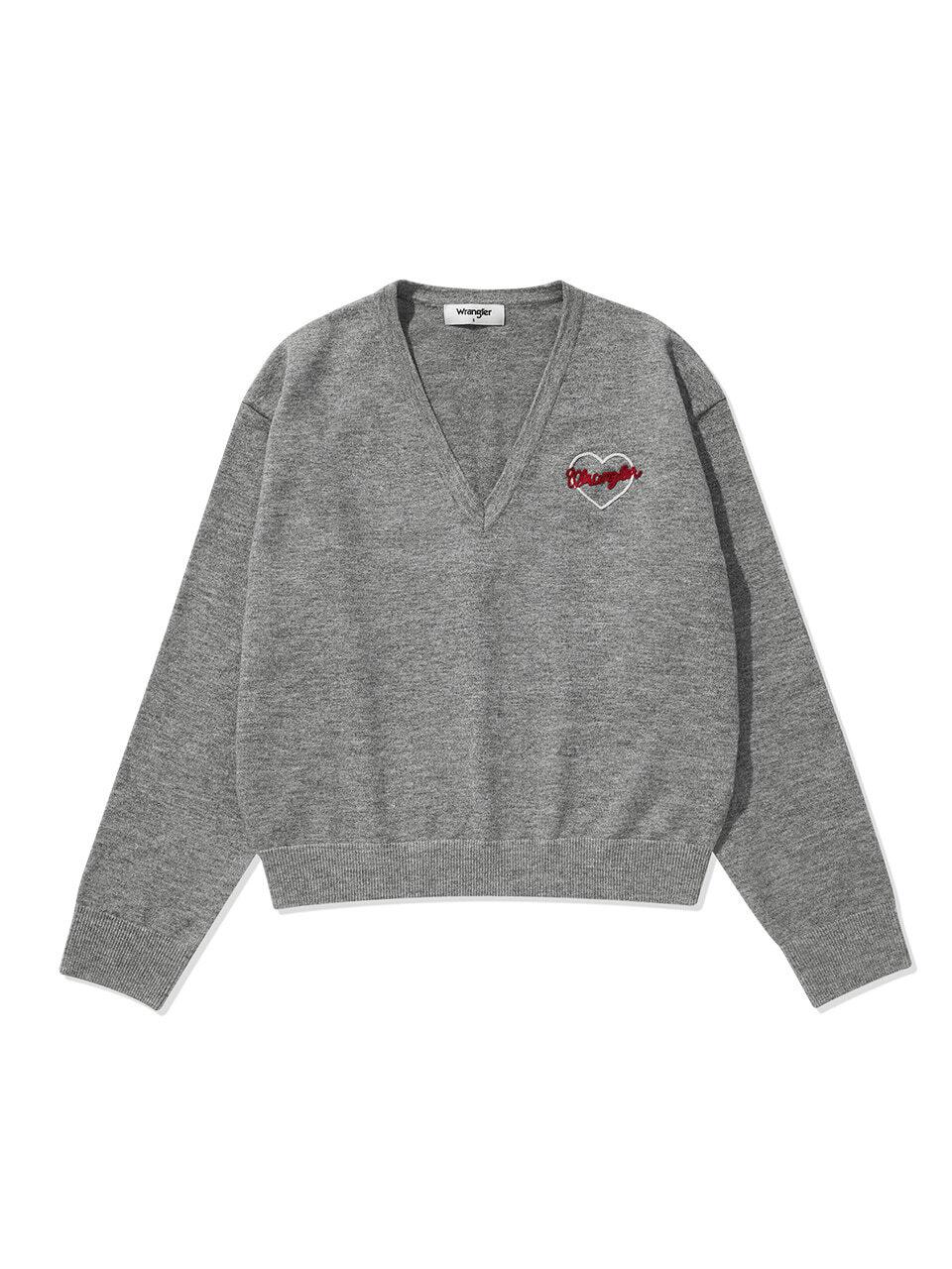 Wrangler (W) Logo Embroidered V - Neck Sweater Melange Grey