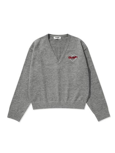 Wrangler (W) Logo Embroidered V - Neck Sweater Melange Grey