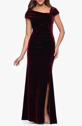 Xscape Evenings Xscape Evenings Asymmetric Neck Cap Sleeve Stretch Velvet Gown