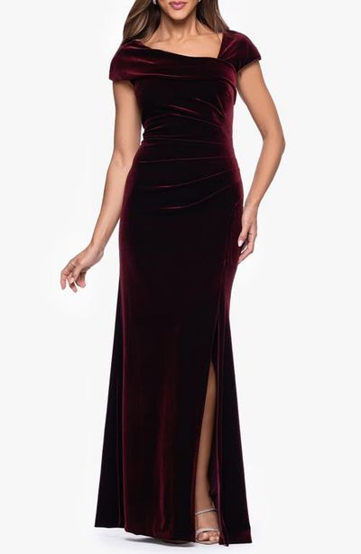 Xscape Evenings Xscape Evenings Asymmetric Neck Cap Sleeve Stretch Velvet Gown