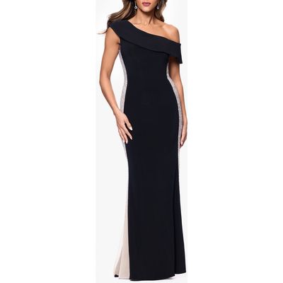 Xscape Evenings Xscape Evenings Crystal Mesh Detail One-Shoulder Sheath Detail