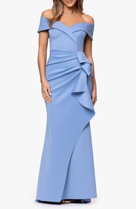 Xscape Evenings Xscape Evenings Off the Shoulder Ruffle Scuba Crepe Gown