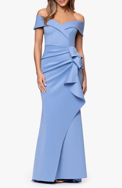 Xscape Evenings Xscape Evenings Off the Shoulder Ruffle Scuba Crepe Gown