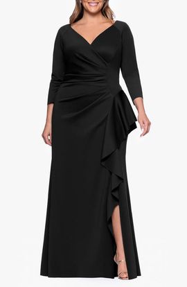 Xscape Evenings Xscape Evenings Ruched Scuba Knit Ruffle Gown