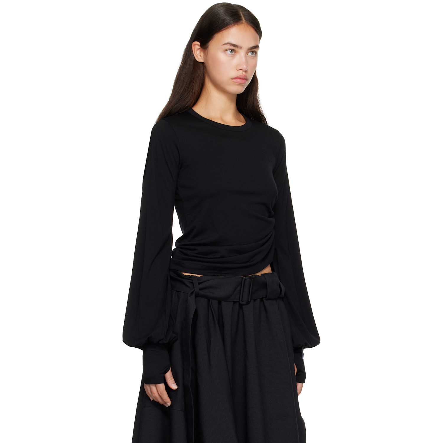 plage wool drape longTシャツ　ブラック Y-3 - Black Wool Cinched Drape Long Sleeve T-shirt