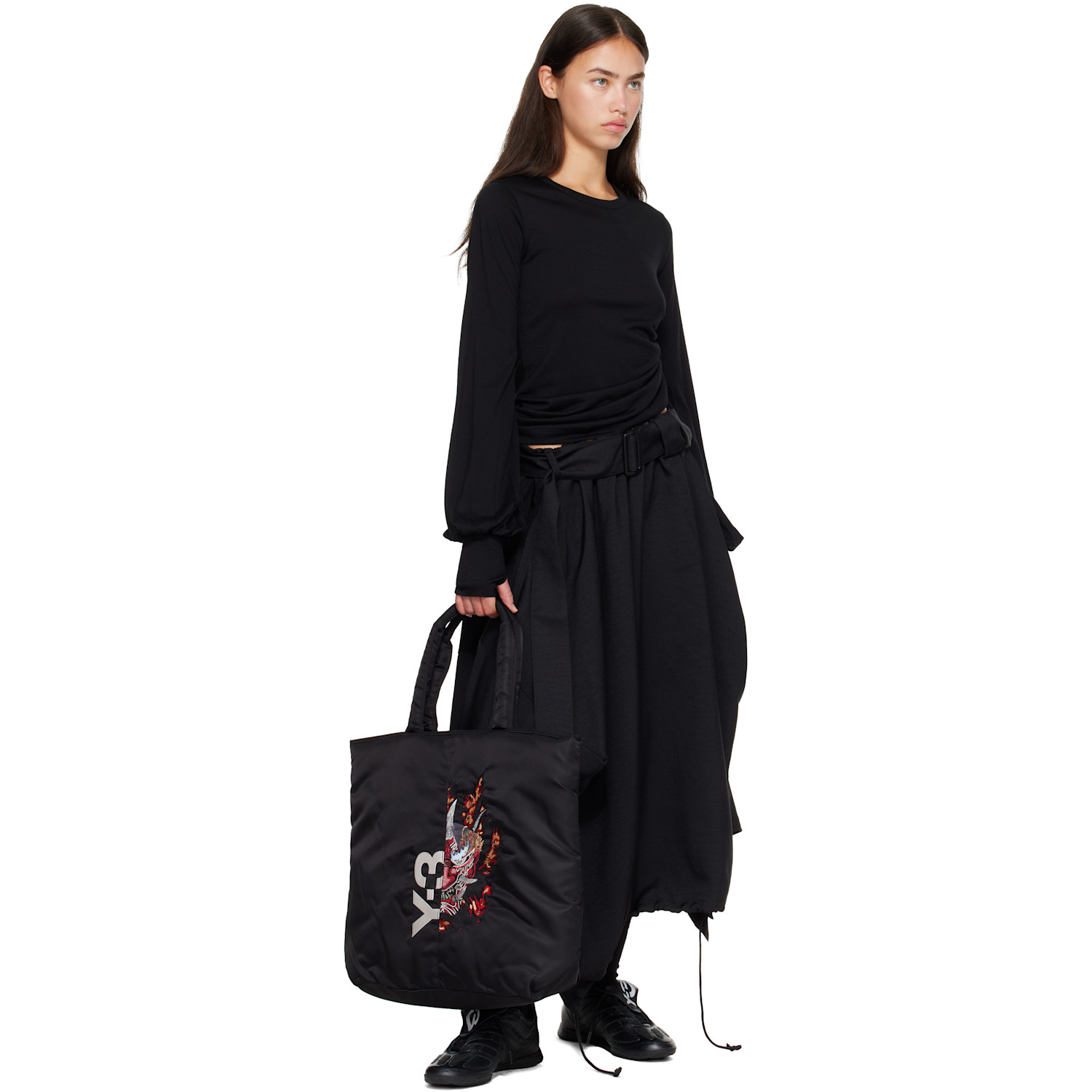 Y-3 - Black Wool Cinched Drape Long Sleeve T-shirt