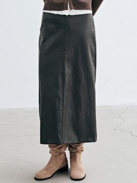 YAN13 FAUX LEATHER LONG SKIRT_BROWN