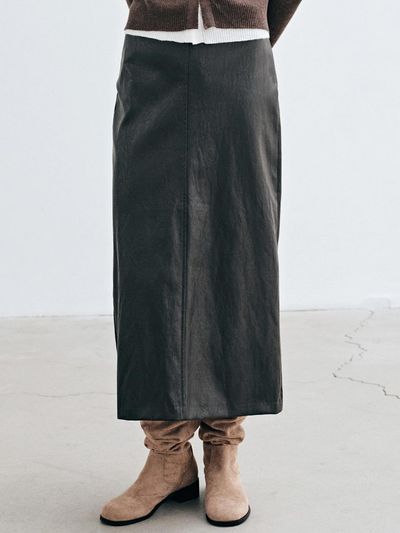 YAN13 FAUX LEATHER LONG SKIRT_BROWN