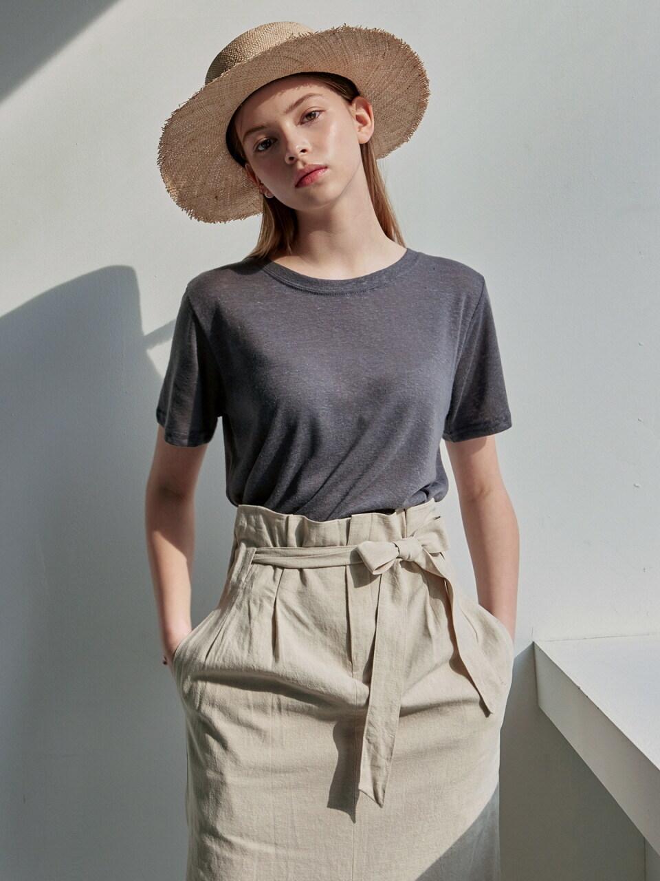 YAN13 LINEN ROUND HALF T-SHIRT_CHARCOAL