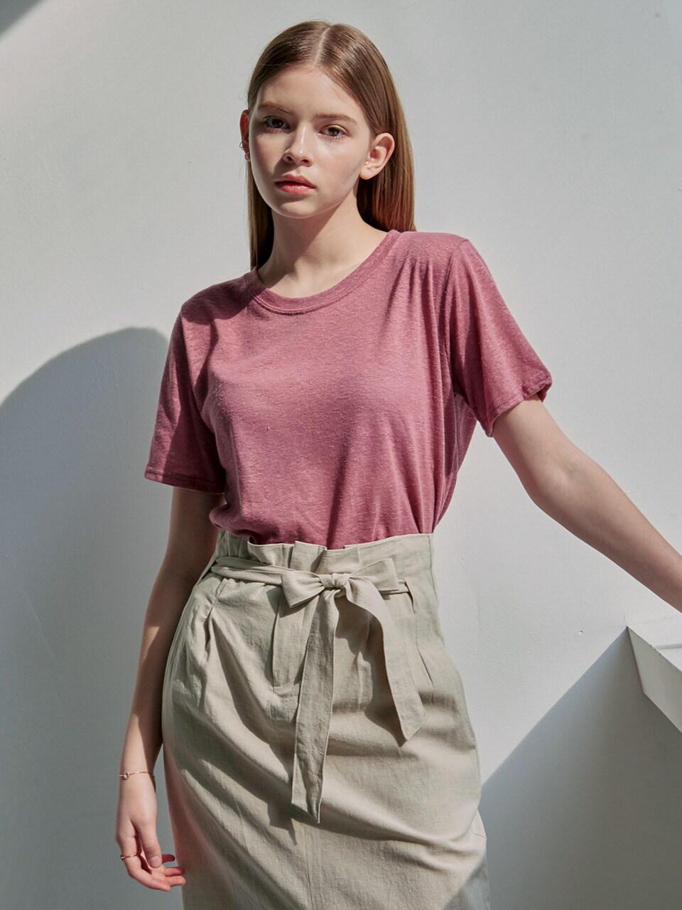YAN13 LINEN ROUND HALF T MOCHA PINK