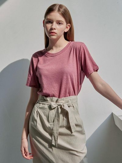 YAN13 LINEN ROUND HALF T MOCHA PINK