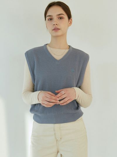 YAN13 Rib V-neck Knit Vest_Blue
