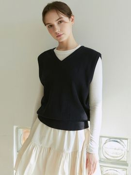 YAN13 Rib V-neck Knit Vest_Navy