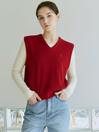 YAN13 Rib V-neck Knit Vest_Red
