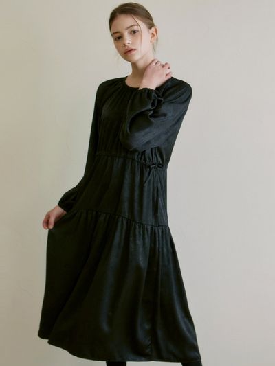 YAN13 Romantic Shirring Long Dress_Black