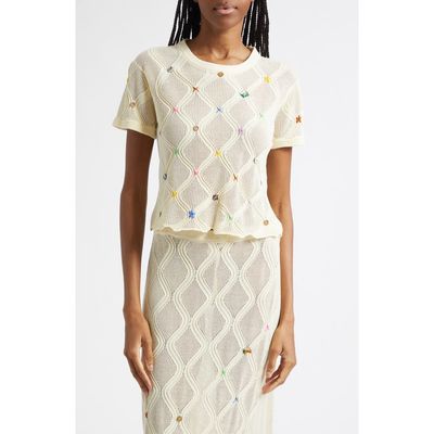 YanYan YanYan Cotton Short Sleeve Lattice Stitch Sweater