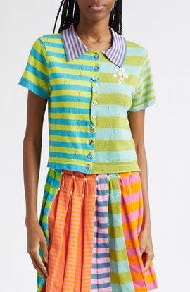 YanYan YanYan Daisy Stripe Linen Blend Y-Pointelle Cardigan
