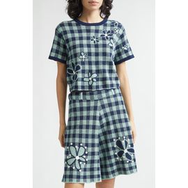 YanYan YanYan Gingham Flower Cotton & Linen Blend Jacquard Sweater