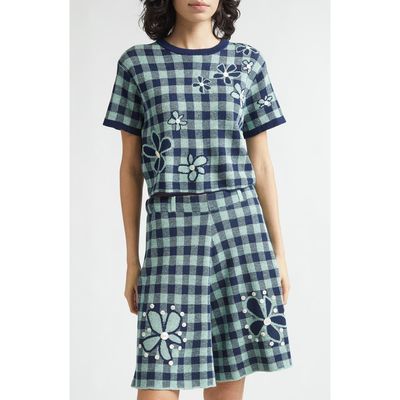 YanYan YanYan Gingham Flower Cotton & Linen Blend Jacquard Sweater