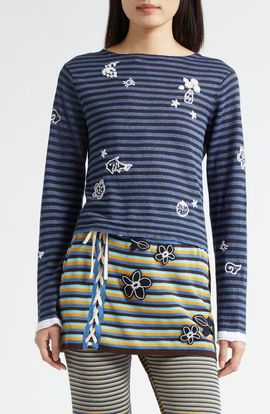 YanYan YanYan Mabo Embroidered Stripe Linen Sweater