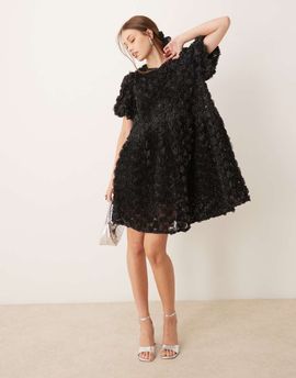 YAS YAS 3D textured rose mini smock dress in black with shimmer gold