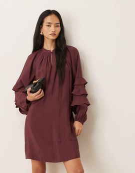 YAS YAS boho ruffle sleeve mini dress with tie waist in burgundy-Red