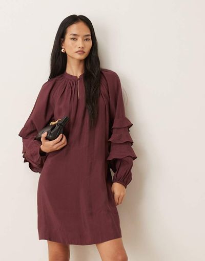 YAS YAS boho ruffle sleeve mini dress with tie waist in burgundy-Red