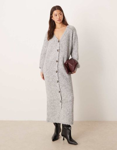 YAS YAS button front oversized knit maxi dress in light heather gray