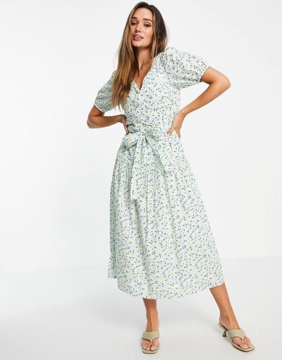 YAS Y.A.S cotton tie waist midi dress in mint floral-Multi