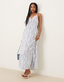 YAS YAS cross back cami maxi dress in blue and white tile print