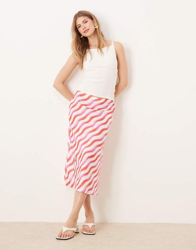 YAS YAS diagonal stripe midi skirt in pink and white-Multi