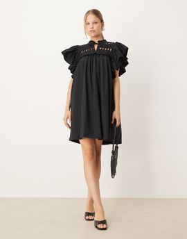 YAS YAS exagerrated frill sleeve mini dress in black