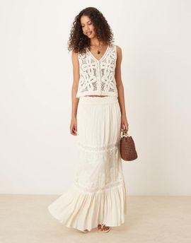 YAS YAS Festival crochet lace insert boho maxi skirt in cream-White