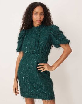 YAS YAS fluffy textured sequin mini dress in dark green