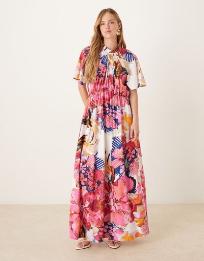 YAS YAS fluted sleeve midi dress in pink abstract floral print-Multi