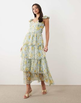 YAS YAS flutter sleeve tiered chiffon maxi dress in soft floral print-Multi