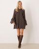 YAS YAS frill trim volume sleeves chiffon mini dress in brown plaid - 1