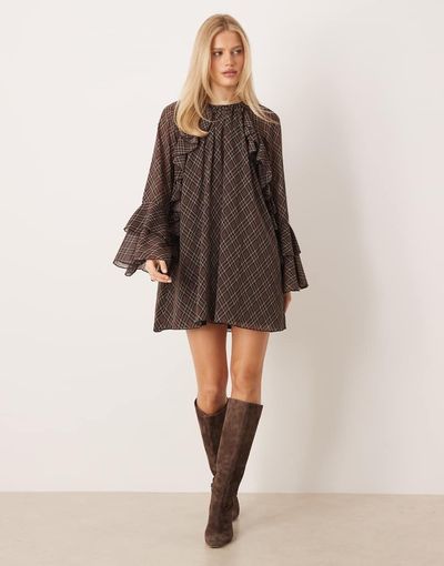 YAS YAS frill trim volume sleeves chiffon mini dress in brown plaid