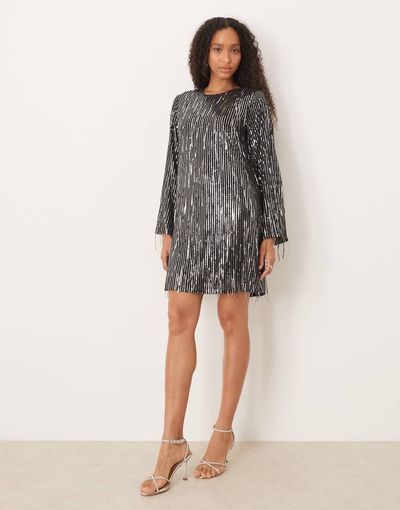 YAS YAS fringed sequin mini dress in black