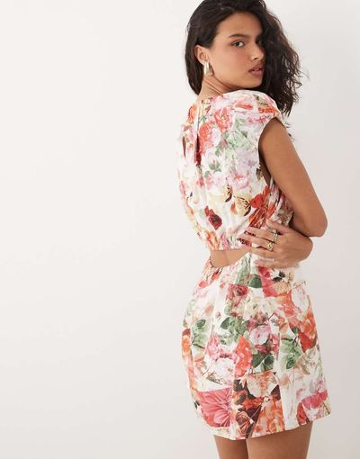 YAS YAS gathered mini dress with open back detail in mixed rose print-pink