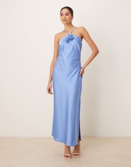 YAS YAS halter neck satin maxi dress with corsage detail in provence blue