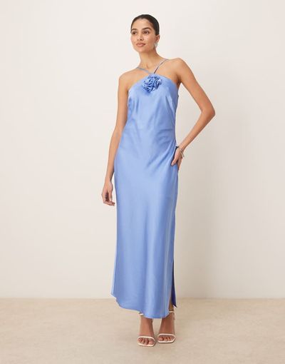 YAS YAS halter neck satin maxi dress with corsage detail in provence blue