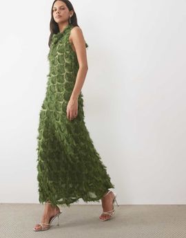 YAS YAS high neck feather textured maxi dress in chive green