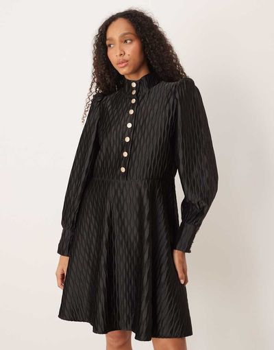YAS YAS high neck satin mini dress with button front in black