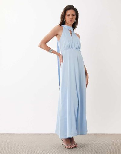 YAS YAS high neck scarf detail satin drapey midaxi dress in soft blue
