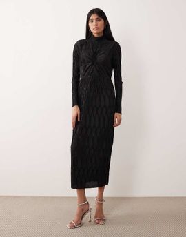 YAS YAS high neck textured satin maxi dress in bright black