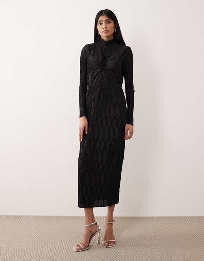 YAS YAS high neck textured satin maxi dress in bright black