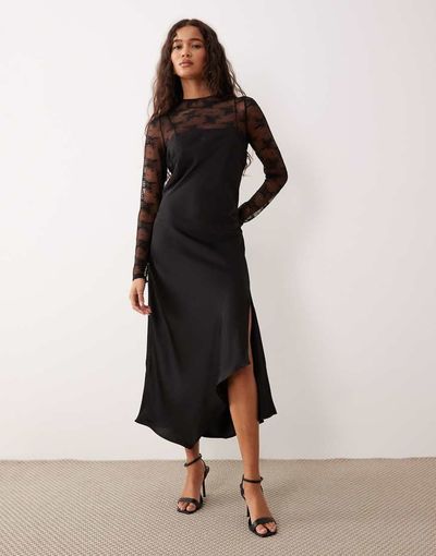 YAS YAS hybrid high neck lace top and satin slip dress in black